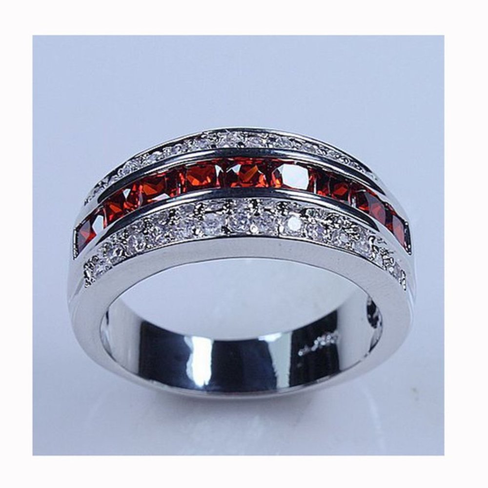 Ruby Red and Rhinestone Band MEN RING - Picture 3 of 5